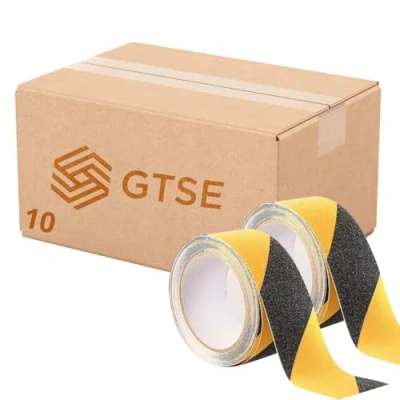 Image of GTSE 10 Rolls, Anti Slip Adhesive Tape, 5m x 50mm (2&quot;), Black/Yellow Hazard Warning Floor Marking Premium Abrasive Roll