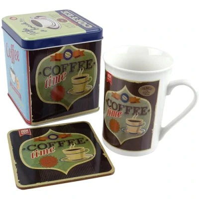 Image of LEONARDO Fine China Classic Retro Coffee Mug/Cup &amp; Coaster Set by Leondaro Supplied in Gift Tin (Brown)