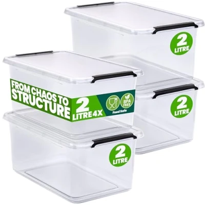 Image of Deuba® 4x 2 Litre Storage Boxes With Click Closure Secure Lid BPA Free Food Safe Plastic Box Small Stackable Transparent Organiser for Kitchen Bedroom Garage Office