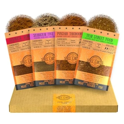 Image of Spice Cartel&#039;s Asian Street Food Collection of Artisanal Herb &amp; Blends from Across Asia. Hand Made with Love in The UK. 4 * 35g Resealable Pouches.
