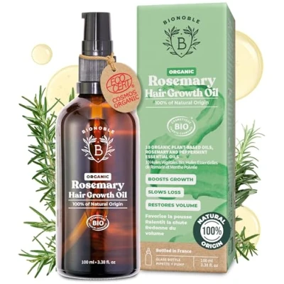 Image of BIONOBLE Organic Rosemary Oil for Hair Growth Slows Loss, Restores Volume with Argan, Jojoba &amp; Castor 100% Natural Vegan Glass Bottle, Dropper + Pump 100ml