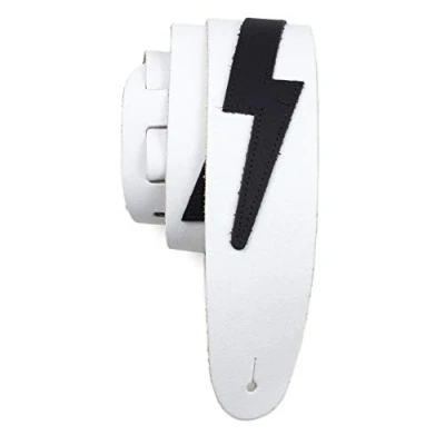 Image of Perri’s Leathers Ltd. Guitar Strap Leather The Famous Collection Lightning Bolt White/Black Adjustable For Acoustic/Bass/Electric Guitars Made in Canada (BLB 1252)
