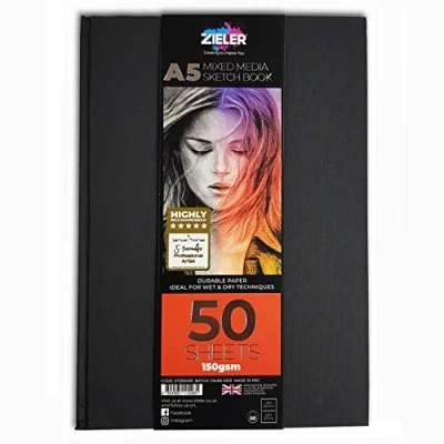 Image of Hardback Casebound Mixed Media Sketch Book 150gsm 50 Sheets by Zieler™. Ideal for use with Pencils, Charcoal, Graphite, Pastels &amp; Light Watercolour. Acid Free Portrait (A5)