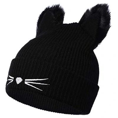 Image of XRDSS Women Girls Cat Ears Beanie Hat Winter Warm Knitted Ski (Black)