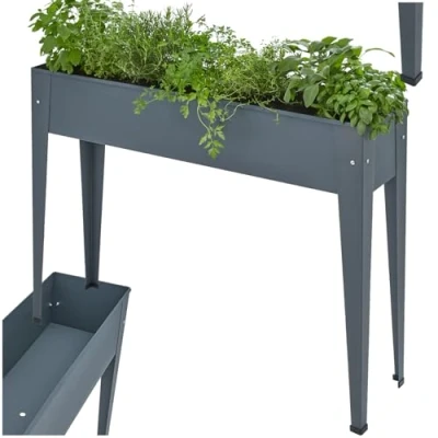 Image of TecTake® Raised Planter with 42 Litre Capacity, Garden Bed in Powder Coated Steel Tall, Slim Legs &amp; Drainage Hole, Ideal Outdoor for Herbs, Vegetables, Fruit, Flowers Anthracite