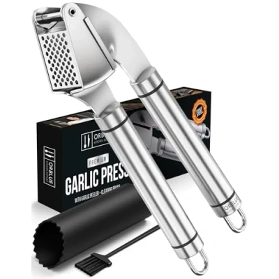 Image of ORBLUE Garlic Press, Stainless Steel Mincer and Crusher with Rocker Peeler Set Professional Grade, Dishwasher Safe, Rust Proof Premium Metal Press