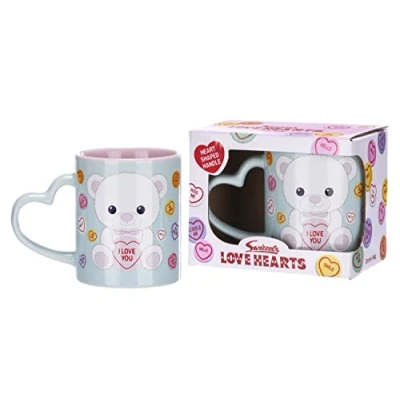 Image of Posh Paws Swizzels Love Hearts 11OZ Bronte The Bear I You Heart Shaped Handle Ceramic Mug, Blue (37752)