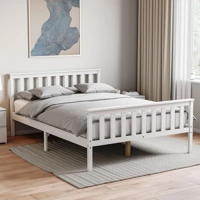 Image of Vida Designs Milan Double Bed, 4ft6, Bed Frame, Solid Pine Wood, Headboard, High Foot End Bedroom Furniture, White