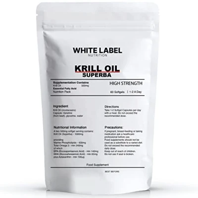 Image of White Label Nutrition Krill Oil High Potency Supplements 60 Softgel Capsules 1 a Day UK Made GMO Free