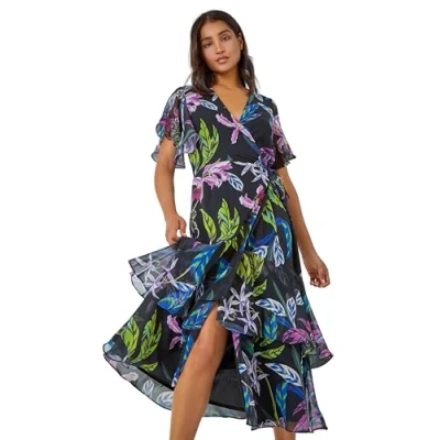 Image of Roman Originals Frill Dress for Women UK Ladies Summer Wrap Chiffon Hem Layered Belted Midi Maxi Tiered Cape Special Occasion Fit &amp; Flare Wedding Guest Swing Skater Black Multi Size 12