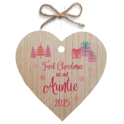 Image of Second Ave First Christmas as an Auntie Cherry Wood Hanging Heart Xmas Tree Decoration Bauble