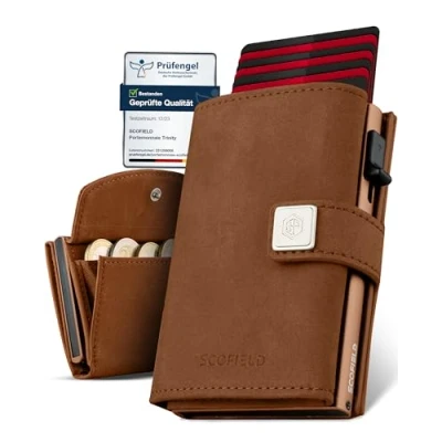 Image of SF SCOFIELD Trinity Slim Wallet with Coin Compartment, Premium Credit Card Holder for 10 12 Cards, RFID Protection, Wallets Men, Smart Wallet, Vintage Brown Caramel Brown, Münzfach Max, Modern