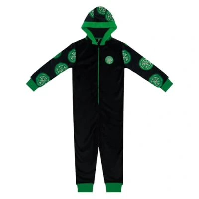 Image of Celtic FC Official Football Gift Kids Fleece Hooded All in One Black 12 13 Years
