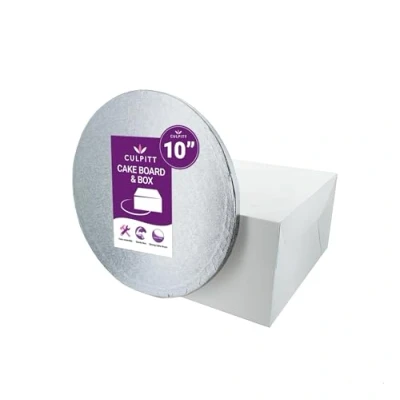 Image of Culpitt 10&quot; Round Silver Cake Drum Board &amp; White Box Combo, 10 Inch Square and Matching Circle Set For Transport