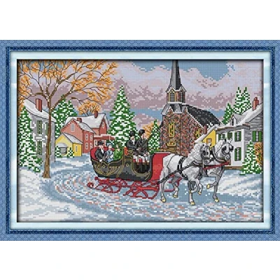Image of OWN4B Cross Stitch Kits Pre Printed, Horse Sled Stamped Pattern 11CT 18.9x13.8 inch DIY Embroidery Kit (Carriage)