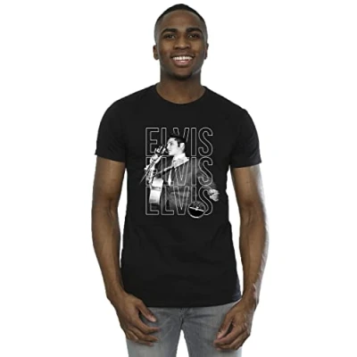 Image of Absolute Cult Elvis Men&#039;s Triple Logo Portrait T Shirt Black Large