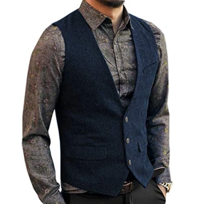 Image of AeoTeokey Men&#039;s Tweed Vintage Suit Vest Casual Herringbone Wool Wedding Groomsmen Waistcoat(M,Navy)