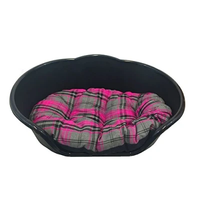 Image of KetoPlastics DOG BED BLACK PLASTIC WITH PINK TARTAN CUSHION/EXTRA LARGE HEAVY DUTY PET DOG/CAT/ANIMAL/SLEEP/BASKET