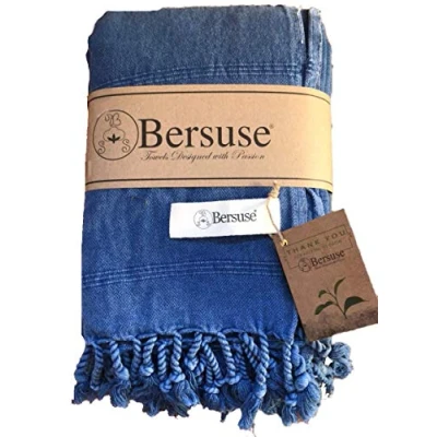 Image of Bersuse 100% Cotton Troy XXL Throw Blanket Turkish Towel Blue