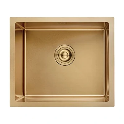 Image of Ibergrif Stainless Steel Kitchen Sink, 50 x 43cm, Undermount Sink Drop in, Topmount Single Bowl Outdoor Campervan with Drainer Fittings, Gold M85043G