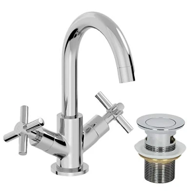 Image of Modern Bathroom Mono Basin Sink Mixer Tap Brass Cross Head Handle Curved Spout Chrome Slotted Waste