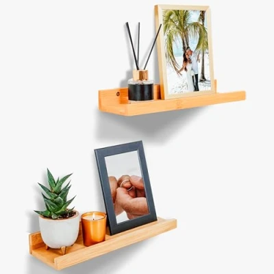 Image of DeinKaufladen.com Wooden Wall Shelf Bamboo Slim Picture Shelves for the Photo Rail Floating Board
