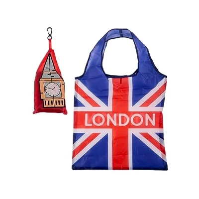 Image of Puckator Foldable Reusable Shopping Bag London Icons Big Ben Union Jack Design Folding Bags Tote Foldaway Fold Up in Pouch Family Beach