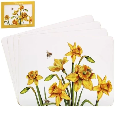 Image of 4pcs Yellow Daffodil Cork Placemats Bee tanical Floral Series Flower Heat Resist