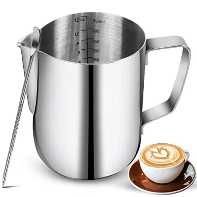 Image of Milk Frothing Pitchers 12oz, Stainless Steel Espresso Steaming with Decorating Pen Coffee Frother Cup Scale Cappuccino Latte Art Barista Steam