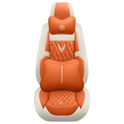 Image of Eunncu Universal Car Seat Covers Waterproof Leather Full Set, Can Protect Front and Rear Seats, To Fit Most Cars, Side Airbag Compatible, White Orange