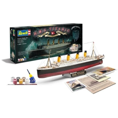 Image of Revell Gift Set 05715 R.M.S. Titanic 100th Anniversary 1:400 Scale Unbuilt Plastic Model Kit, Postcards, Brochure, Menu, Contacta Professional Glue, Paintbrush &amp; Selected Aqua Color Paints