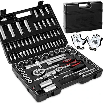 Image of Monzana® 94pc Ratchet Socket Wrench Set in Tool Case Chrome Vanadium Steel Allen Hex Torx Slot Cross Screwdriver Bits Box Universal 1/4&#039; 1/2&#039; Drive with Work Gloves