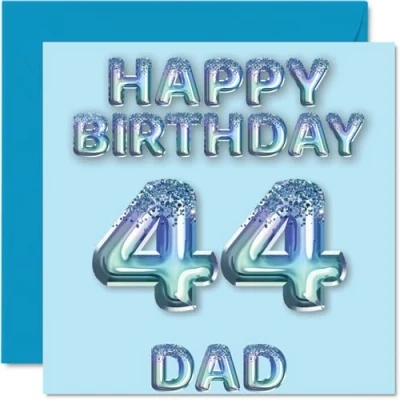 Image of 44th Birthday Card for Dad Blue Glitter Party Balloons Happy Cards 44 Year Old Father from Son Daughter, 145mm x Bday Greeting Gift