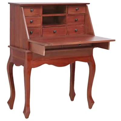 Image of vidaXL Solid Mahogany Wood Secretary Desk Vintage Style Brown Writing Secretair with Flip Board, 9 Drawers, 2 Open Compartments