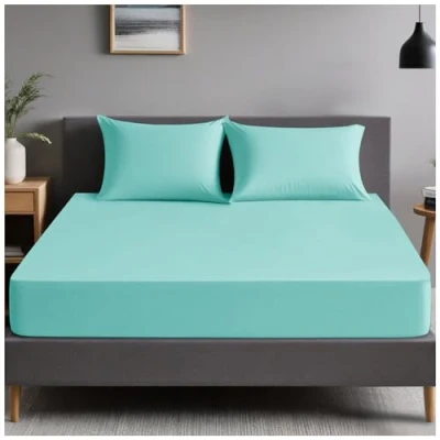 Image of Plain Dyed Bedding Fitted Bedsheets, Soft &amp; Comfy Double Bed Sheet, Breathable Non Iron Percale Sheets, Aqua