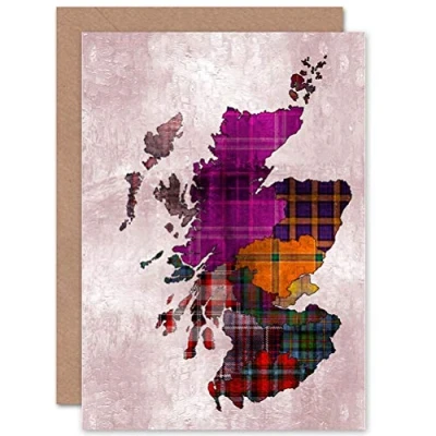 Image of Wee Blue Coo Map Stylised Colourful Tartan Tweed Scotland Sealed Greeting Card Plus Envelope Blank inside