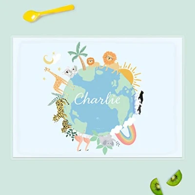 Image of dotty about paper Personalised kids Placemat Animal World. Dinner Table Mat, Children, Baby placemat, Wipeable Colourful, Dinnertime, Durable.