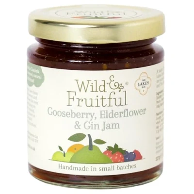 Image of Wild &amp; Fruitful Gooseberry, Elderflower Gin Jam 227g Jar Tart Gooseberries Floral Hand Made in Cumbria