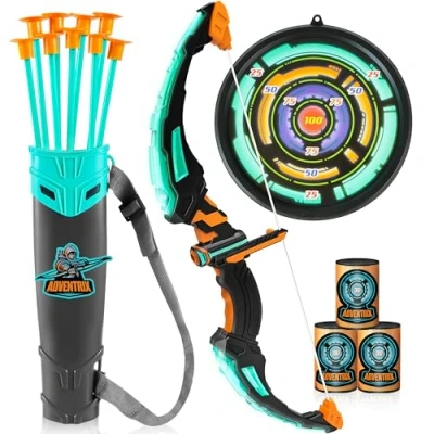Image of JOYIN Bow and Arrow Archery Toy Set with Flashing LED Lights for Kids, Light Up Play Luminous Bow, 9 Suction Cups Arrows, Targets, Quiver (Black Green)