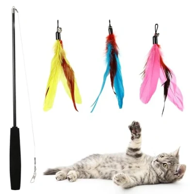 Image of Cat Fishing Rod Toy,Cat Feather Toys With Retractable Teaser Interactive Wand Flirt Pole for Indoor cats adult Kitten Play,Exercise,Activity &amp; Fun 3 Pcs Replacement Refills