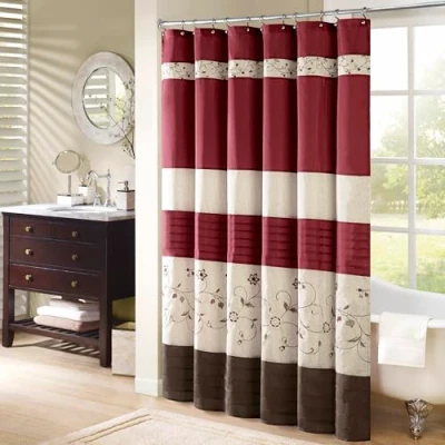 Image of Madison Park Serene Flora Fabric Shower Curtain, mbroidered Transitional Curtains for Bathroom, 72&quot; x 72&quot;, Red