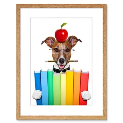 Image of Wee Blue Coo Photo Jack Russell Dog Books Apple Teacher Art Print Framed Poster Wall Decor 9x7 inch