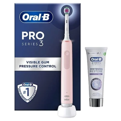 Image of Oral B Pro 3 Electric Toothbrushes For Adults With Smart Pressure Sensor, Mothers Day Gifts Her / Him, 1 Toothbrush Head, 3D White Whitening Restore Toothpaste, 75 ml, 2 Pin UK Plug, Pink