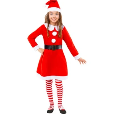 Image of Funidelia Mrs Claus Costume for girl Miss Christmas, Mrs.Claus Costumes kids, accessory fancy dress &amp; props Halloween, carnival parties Size 5 6 years Red