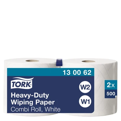 Image of Tork 130062 Heavy Duty Wiping Paper / 2 Ply Absorbent Roll Suitable for W1 and W2 Systems White x 170m Ø 26.2cm