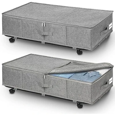 Image of JUPELI Under Bed Storage on Wheels, Extra Large 50L Foldable Organiser, 2 Pack Underbed Rolling Boxes with Lids for Toy, Blanket, Clothes, Shoes
