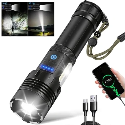 Image of Led Torch Rechargeable High Lumens with COB Side Light, Torches Super Bright Powerful Flashlight Waterproof 7 Modes Zoomable for Camping Hiking Outdoor Emergency (5000mAh Battery)