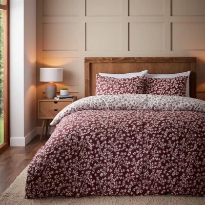 Image of Catherine Lansfield Brushed Grace Floral Leaf Cotton Reversible Double Duvet Cover Set with Pillowcases Red