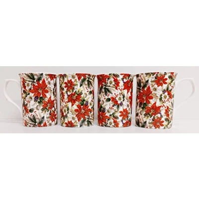 Image of Rainbow Decors Poinsettia Mugs Set of 4 Fine Bone China Red Christmas Flower Cups Hand Decorated UK