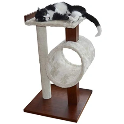 Image of PetFusion Modern Cat Tree House &amp; Tall Scratching Post (84 cm tall). and neutral platforms, Chestnut finish